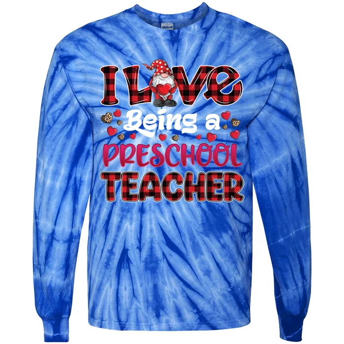 I Love Being Preschool Teacher Hearts Gnome Valentine's Day Gift Tie-Dye Long Sleeve Shirt