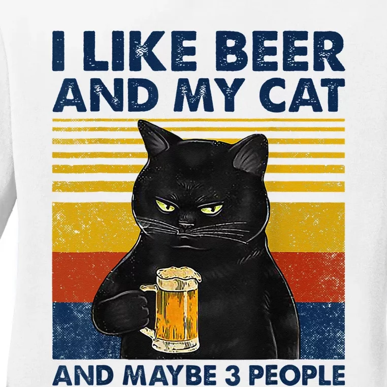 I Like Beer My Cat And Maybe 3 People Funny Cat Lovers Ladies Long Sleeve Shirt