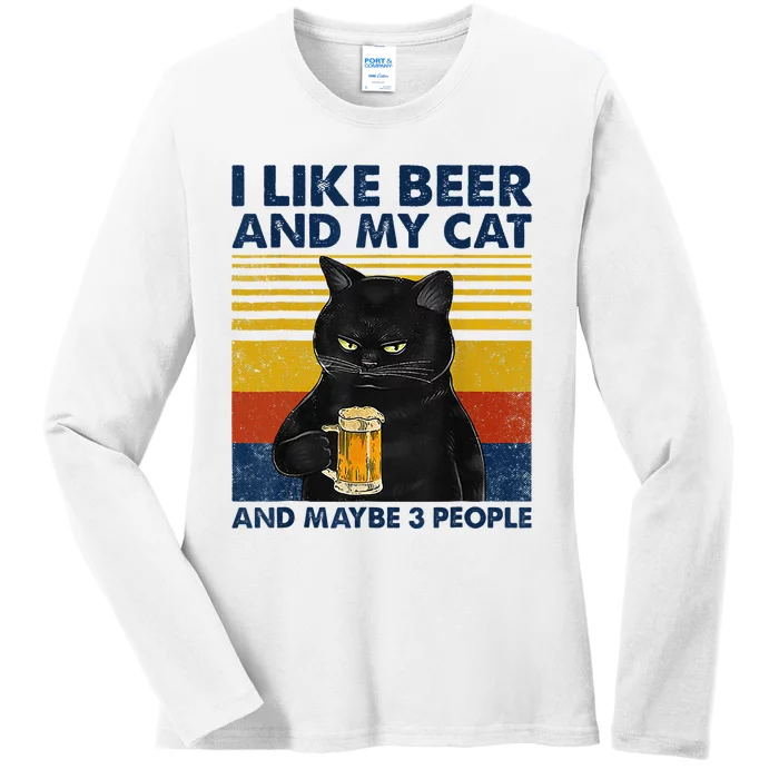 I Like Beer My Cat And Maybe 3 People Funny Cat Lovers Ladies Long Sleeve Shirt