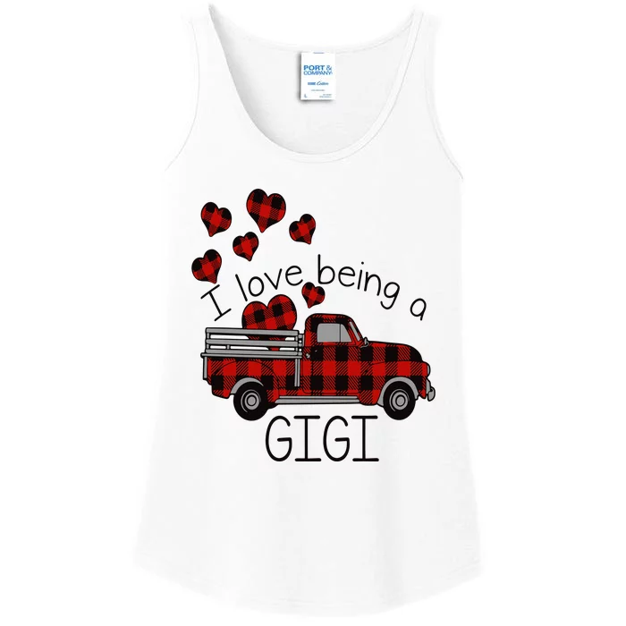 I Love Being Gigi Red Plaid Truck Hearts Valentine's Day Ladies Essential Tank