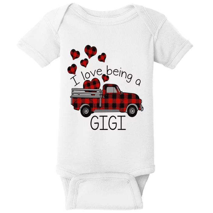 I Love Being Gigi Red Plaid Truck Hearts Valentine's Day Baby Bodysuit