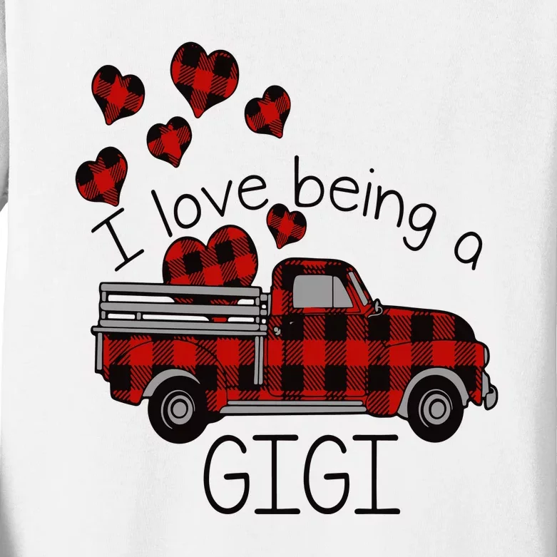 I Love Being Gigi Red Plaid Truck Hearts Valentine's Day Kids Long Sleeve Shirt