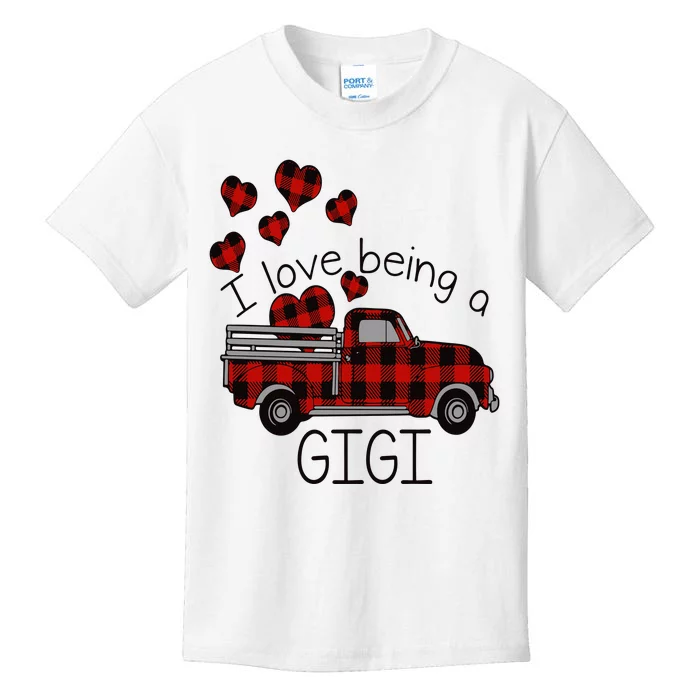 I Love Being Gigi Red Plaid Truck Hearts Valentine's Day Kids T-Shirt