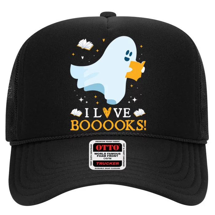 I Love Booooks Cute Ghost Reading Books Halloween Teacher High Crown Mesh Trucker Hat