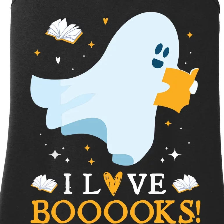 I Love Booooks Cute Ghost Reading Books Halloween Teacher Ladies Essential Tank