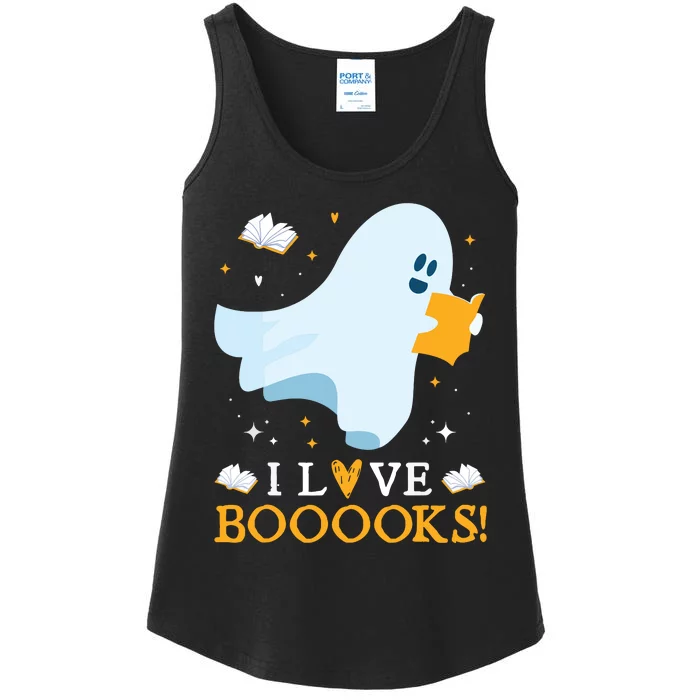 I Love Booooks Cute Ghost Reading Books Halloween Teacher Ladies Essential Tank