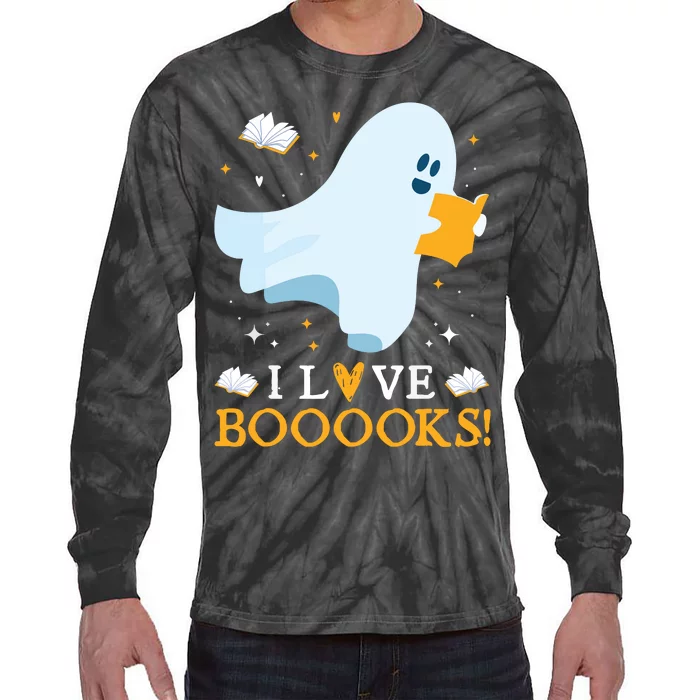 I Love Booooks Cute Ghost Reading Books Halloween Teacher Tie-Dye Long Sleeve Shirt