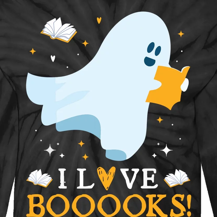 I Love Booooks Cute Ghost Reading Books Halloween Teacher Tie-Dye Long Sleeve Shirt