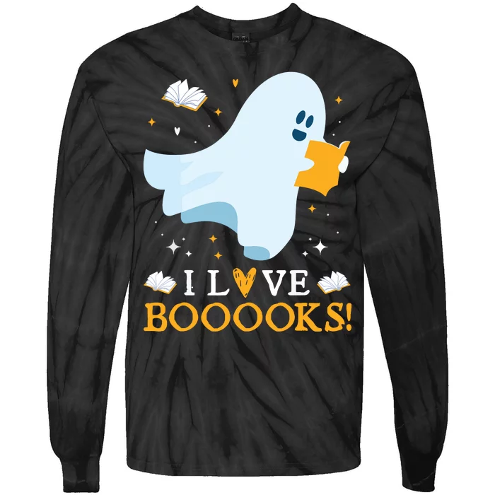 I Love Booooks Cute Ghost Reading Books Halloween Teacher Tie-Dye Long Sleeve Shirt