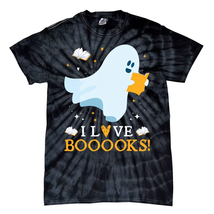 I Love Booooks Cute Ghost Reading Books Halloween Teacher Tie-Dye T-Shirt