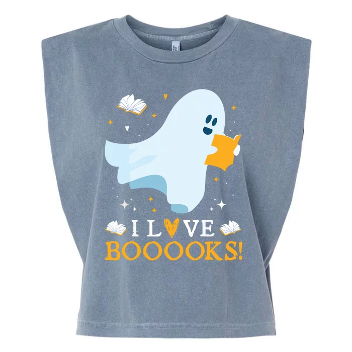 I Love Booooks Cute Ghost Reading Books Halloween Teacher Garment-Dyed Women's Muscle Tee