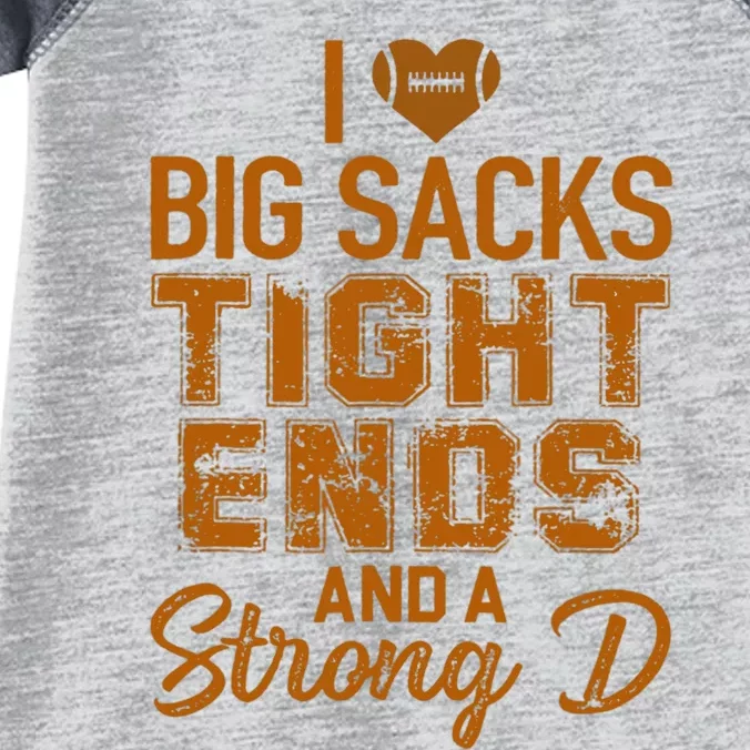 I Love Big Sacks Tight Ends And A Strong D Funny Football Infant Baby Jersey Bodysuit