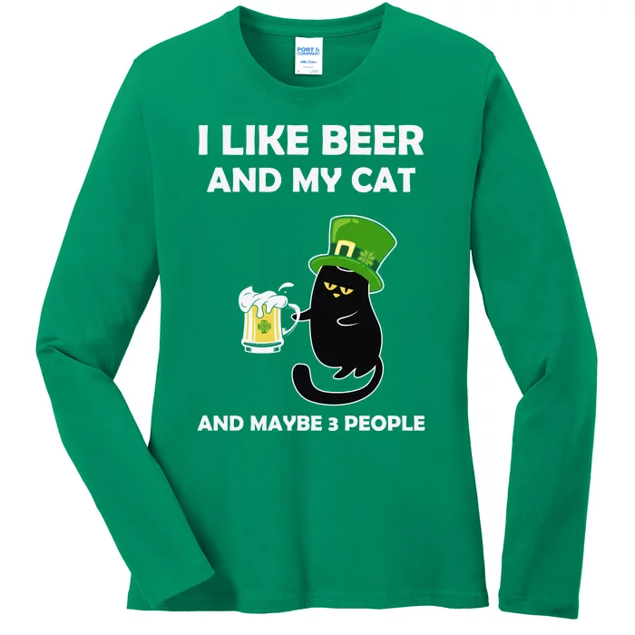 I Like Beer And My Cat Funny Black Cat St Patricks Day Ladies Long Sleeve Shirt