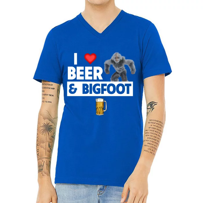 I Love Beer And Bigfoot Sasquatch Hunters Team Ing Cool Gift V-Neck T-Shirt