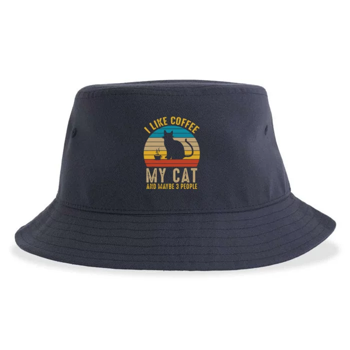 I Like Coffee My Cat And Maybe 3 People Funny Retro Sustainable Bucket Hat