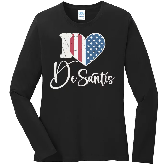 I Love DeSantis Vintage American Heart Flag Ladies Long Sleeve Shirt