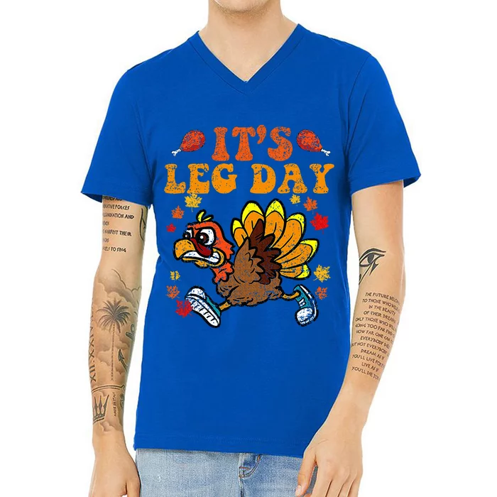 Its Leg Day Funny Turkey Fall Autumn Thanksgiving Groovy V-Neck T-Shirt