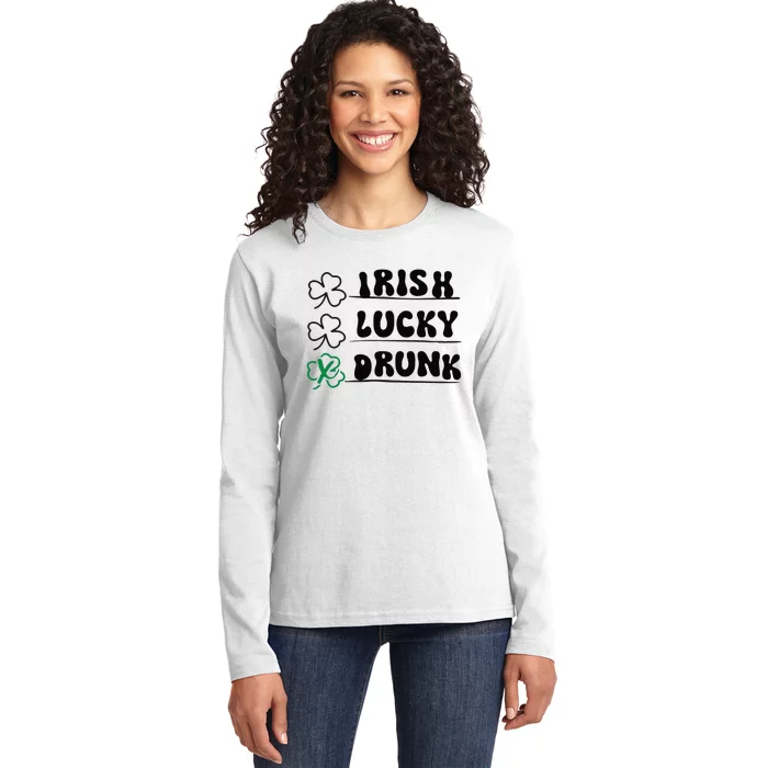 Irish Lucky Drunk Shamrock Saint Patricks Day Lucky Clover Ladies Long Sleeve Shirt