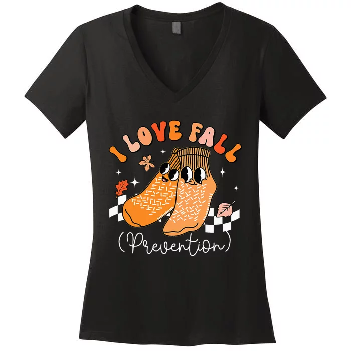 I Love Fall Prevention Socks Thanksgiving Autumn Leaves Women's V-Neck T-Shirt