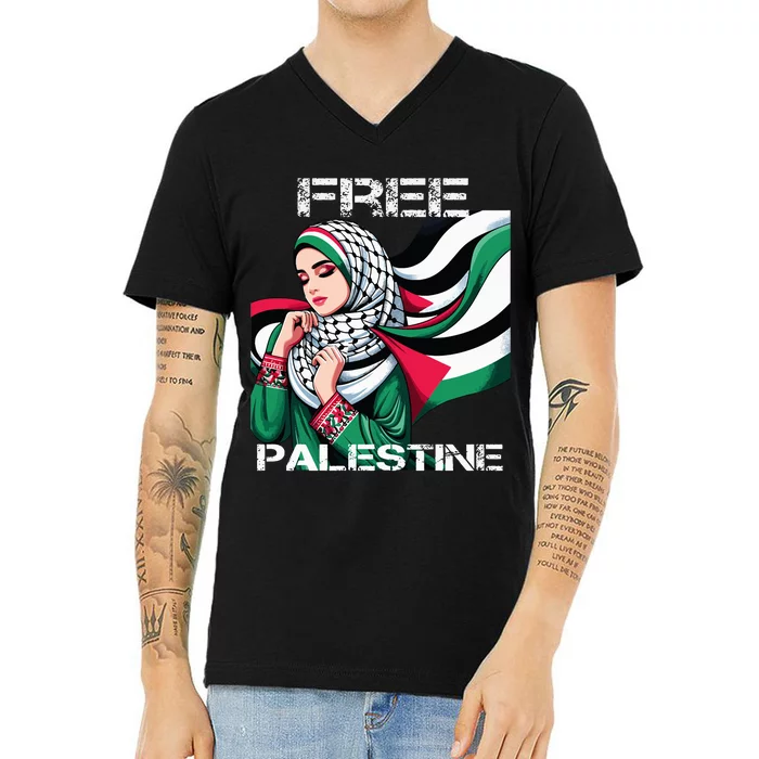 I Love Free Palestine Flag Save Gaza Strip Palestinian V-Neck T-Shirt