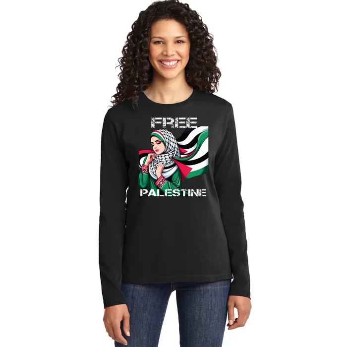 I Love Free Palestine Flag Save Gaza Strip Palestinian Ladies Long Sleeve Shirt