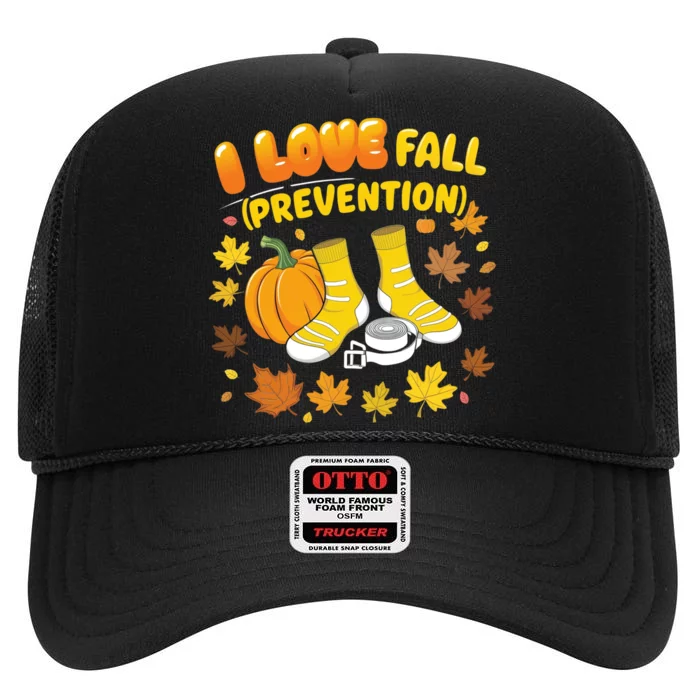 I Love Fall Prevention Funny Halloween High Crown Mesh Trucker Hat