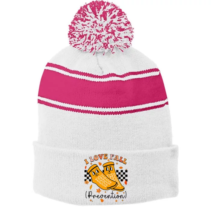 I Love Fall Prevention Fall Physical Therapy Stripe Pom Pom Beanie