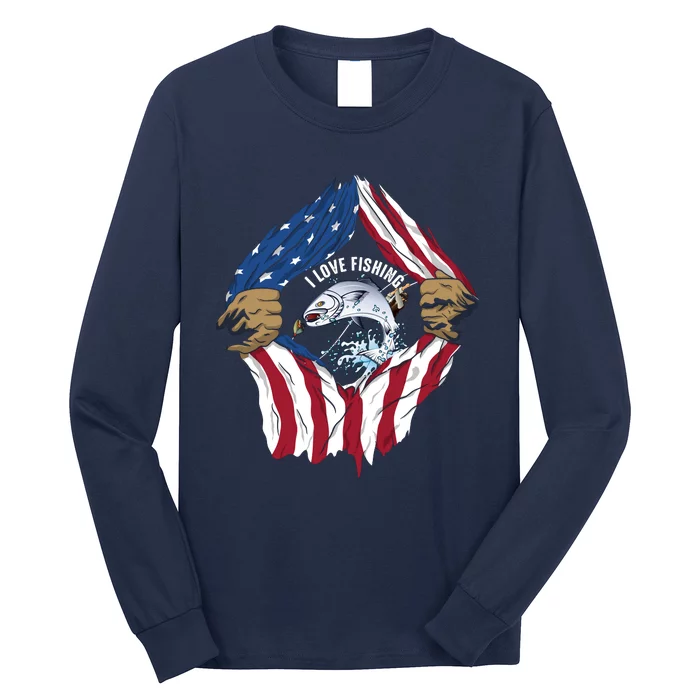 I Love Fishing Cool Usa Flag Long Sleeve Shirt