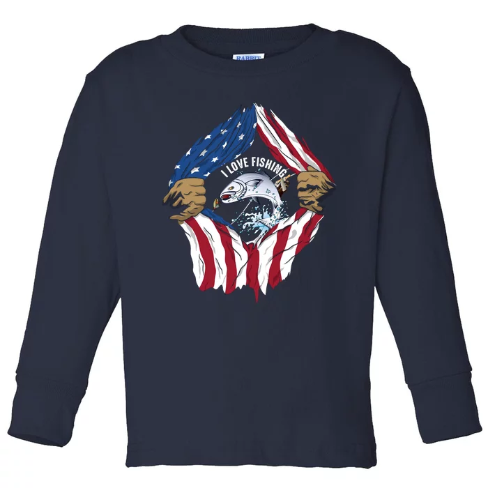 I Love Fishing Cool Usa Flag Toddler Long Sleeve Shirt