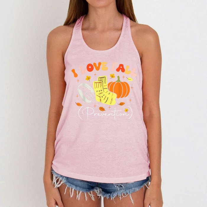 I Love Fall Prevention Autumn Nurse Physical Therapist Women's Knotted Racerback Tank