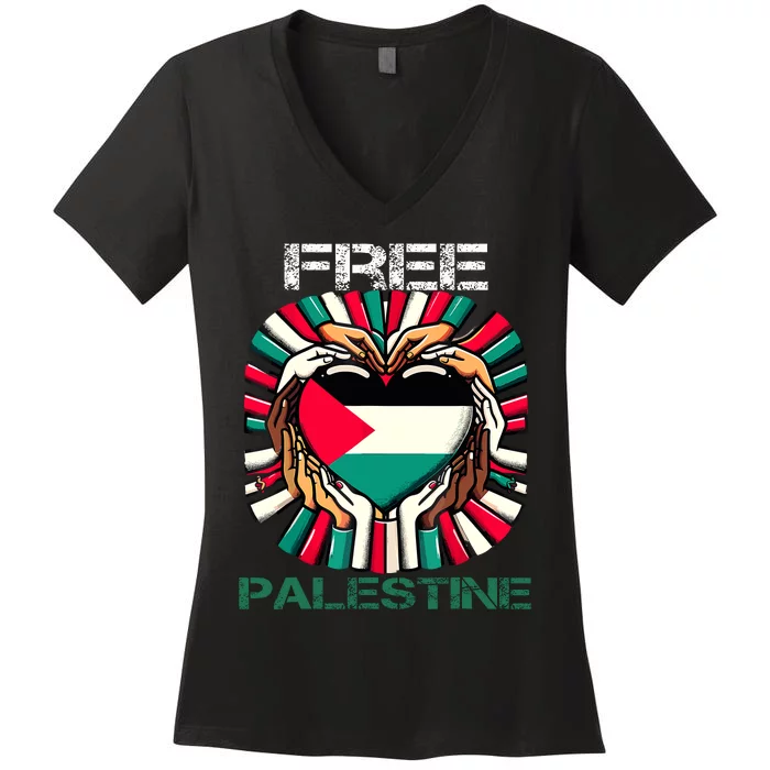 I Love Free Palestine Flag Save Gaza Strip Palestinian Women's V-Neck T-Shirt