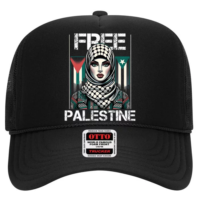 I Love Free Palestine Flag Save Gaza Strip Palestinian Retro High Crown Mesh Trucker Hat