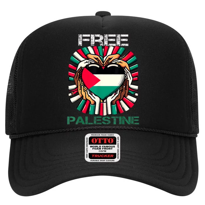 I Love Free Palestine Flag Save Gaza Strip Palestinian High Crown Mesh Trucker Hat