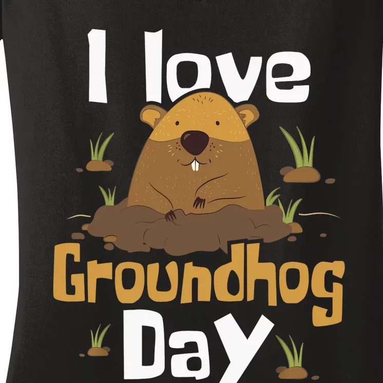 I Love Groundhog Day Funny Woodchuck Groundhog Day Women's V-Neck T-Shirt