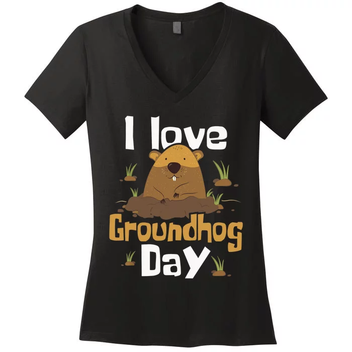 I Love Groundhog Day Funny Woodchuck Groundhog Day Women's V-Neck T-Shirt