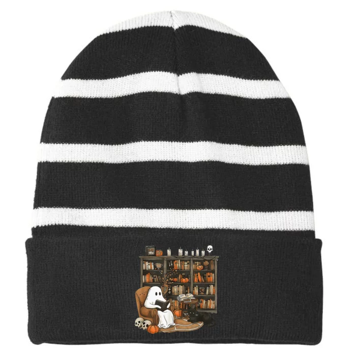 In Library Ghost Reading Books Halloween Librarian Ghost Striped Beanie with Solid Band