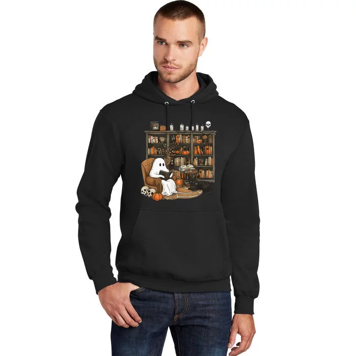 In Library Ghost Reading Books Halloween Librarian Ghost Tall Hoodie