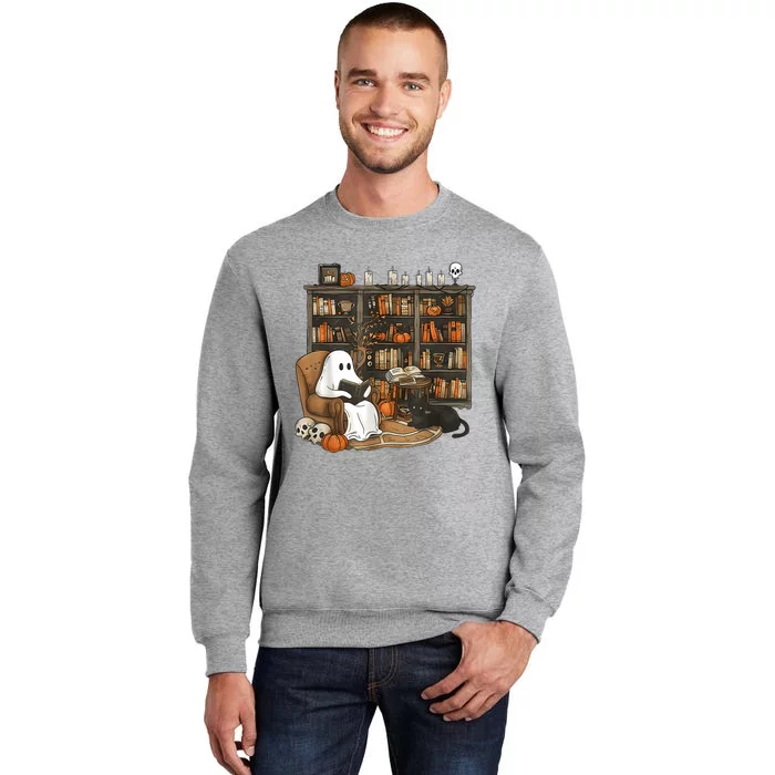 In Library Ghost Reading Books Halloween Librarian Ghost Tall Sweatshirt