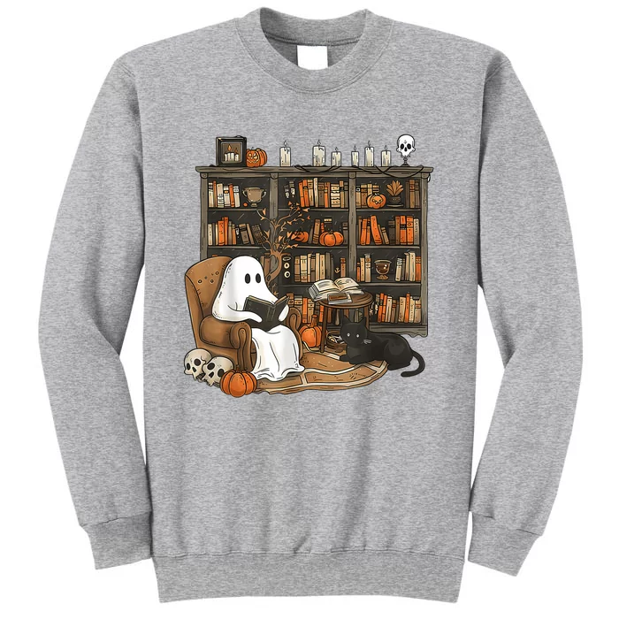 In Library Ghost Reading Books Halloween Librarian Ghost Tall Sweatshirt