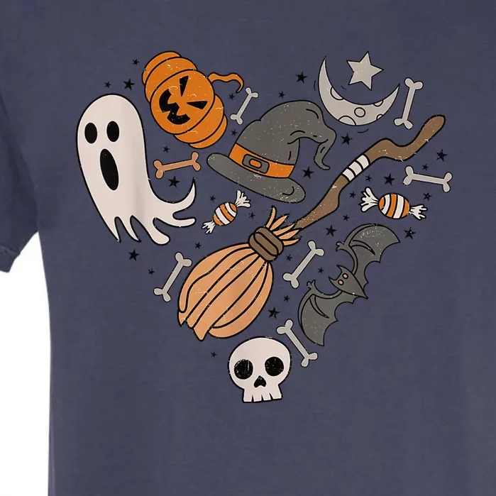 I Love Halloween Retro Spooky Heart Cute Ghost Witches Broom Garment-Dyed Heavyweight T-Shirt