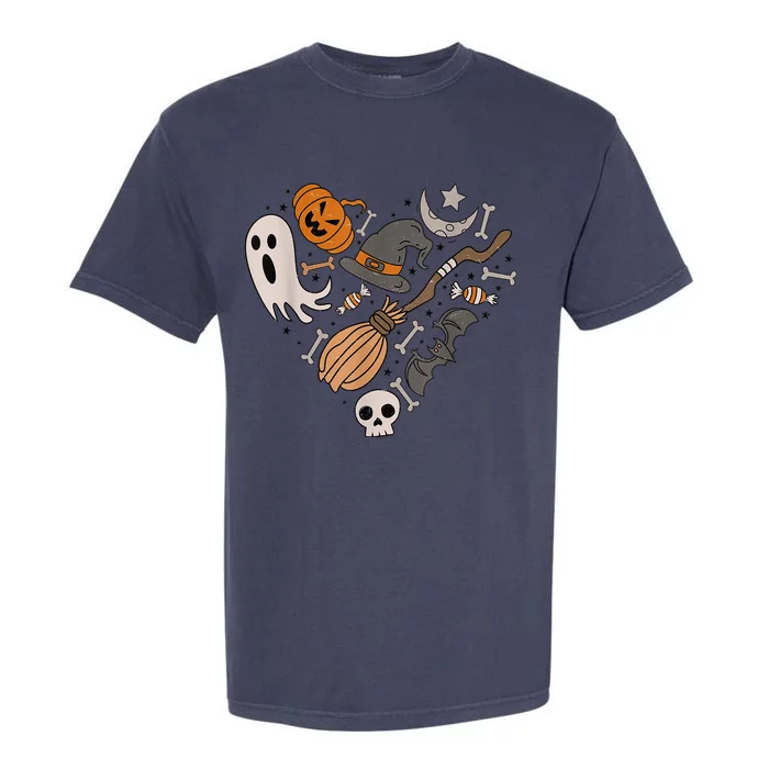 I Love Halloween Retro Spooky Heart Cute Ghost Witches Broom Garment-Dyed Heavyweight T-Shirt