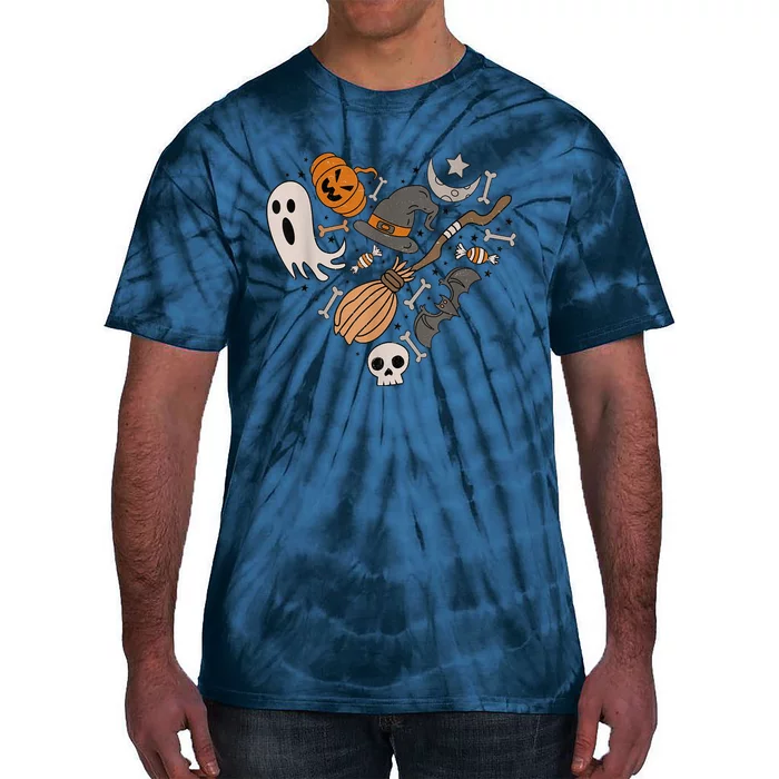 I Love Halloween Retro Spooky Heart Cute Ghost Witches Broom Tie-Dye T-Shirt