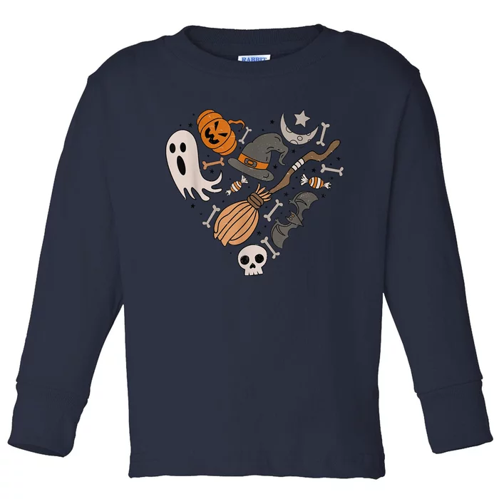 I Love Halloween Retro Spooky Heart Cute Ghost Witches Broom Toddler Long Sleeve Shirt