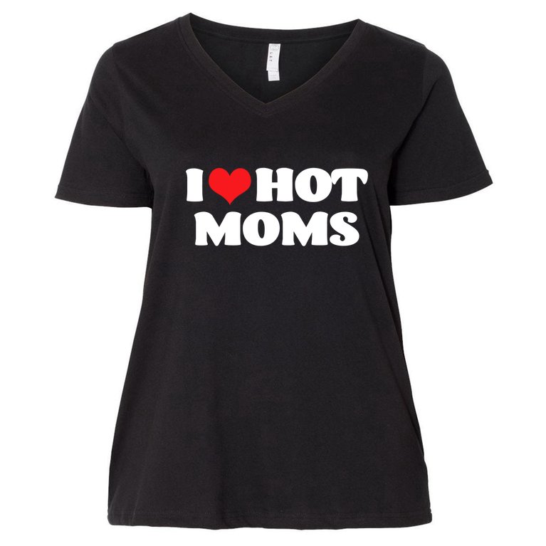 I Love Hot Moms Tshirt Funny Red Heart Love Moms Women's V-Neck Plus Size T-Shirt