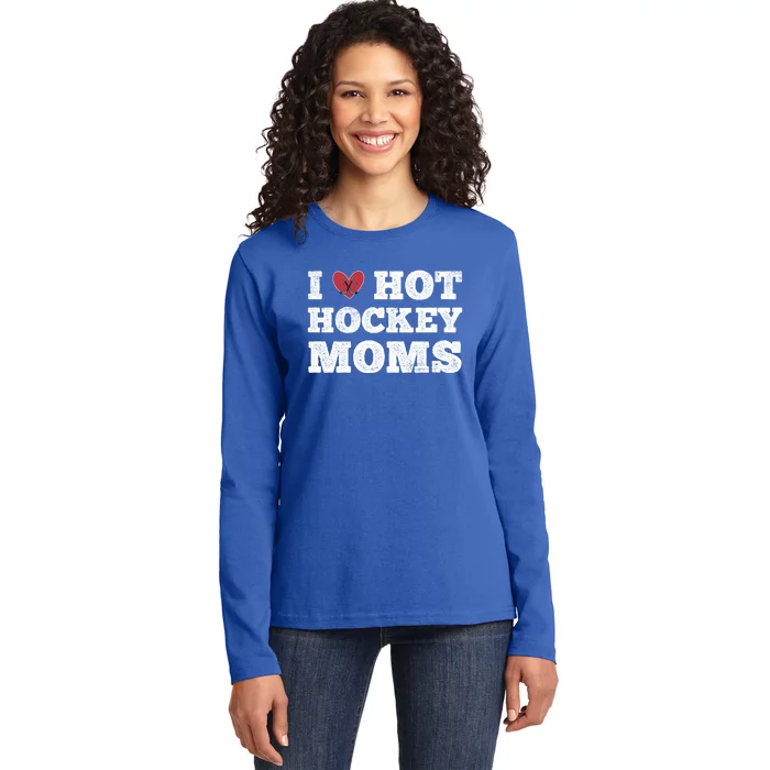 I Love Hot Hockey Moms Funny Vintage Distressed Cute Heart Gift Ladies Long Sleeve Shirt