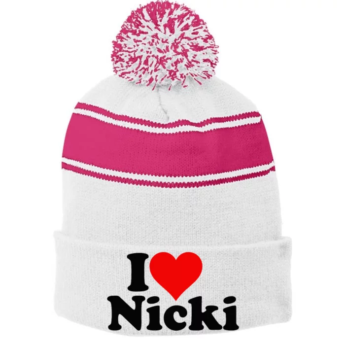 I Love Heart Nicki Stripe Pom Pom Beanie