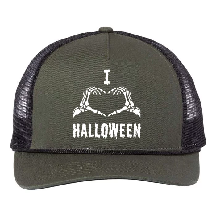 I Love Halloween Skeleton Heart Hands Cool Gift Retro Rope Trucker Hat Cap