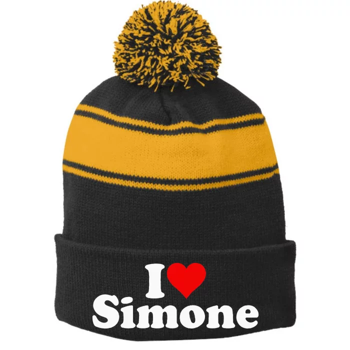 I Love Heart Simone Stripe Pom Pom Beanie