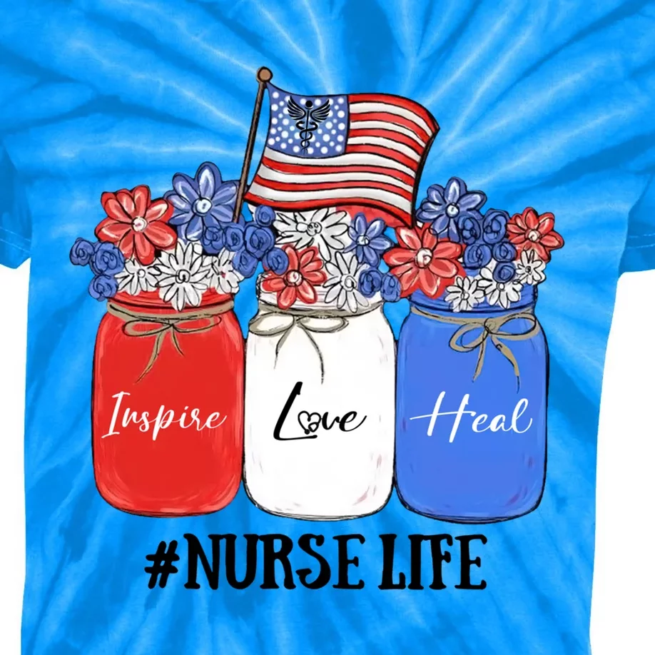 Inspire Love Heal Nurse Life American Flag Gift Kids Tie-Dye T-Shirt