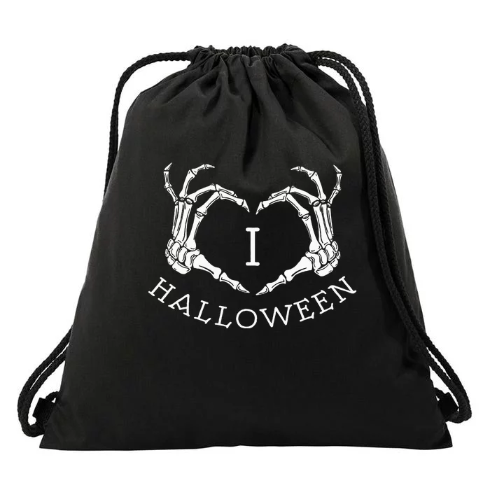 I Love Halloween Skeleton Heart October Fall Drawstring Bag